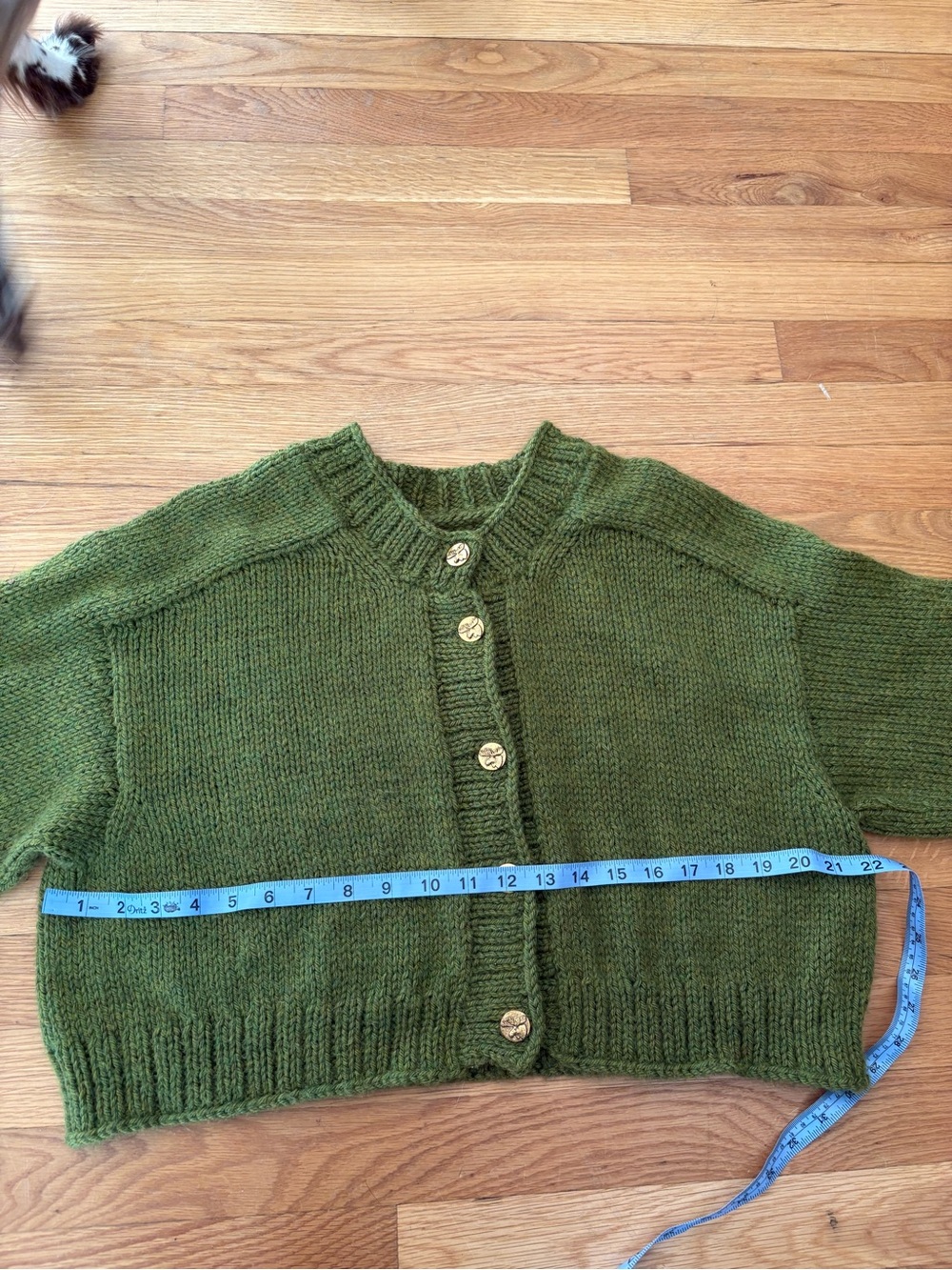 Olive Green Hand Knit by me Cardigan with Moose Buttons - Picture 3 of 4